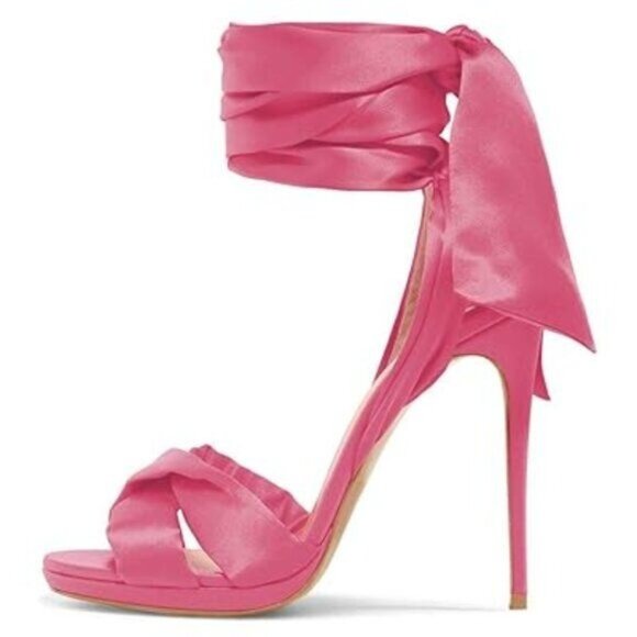 FSJ Women Cocktail Peep Toe Satin Lace Up Sandals Ankle Wrap Platform High Heels - Picture 1 of 8